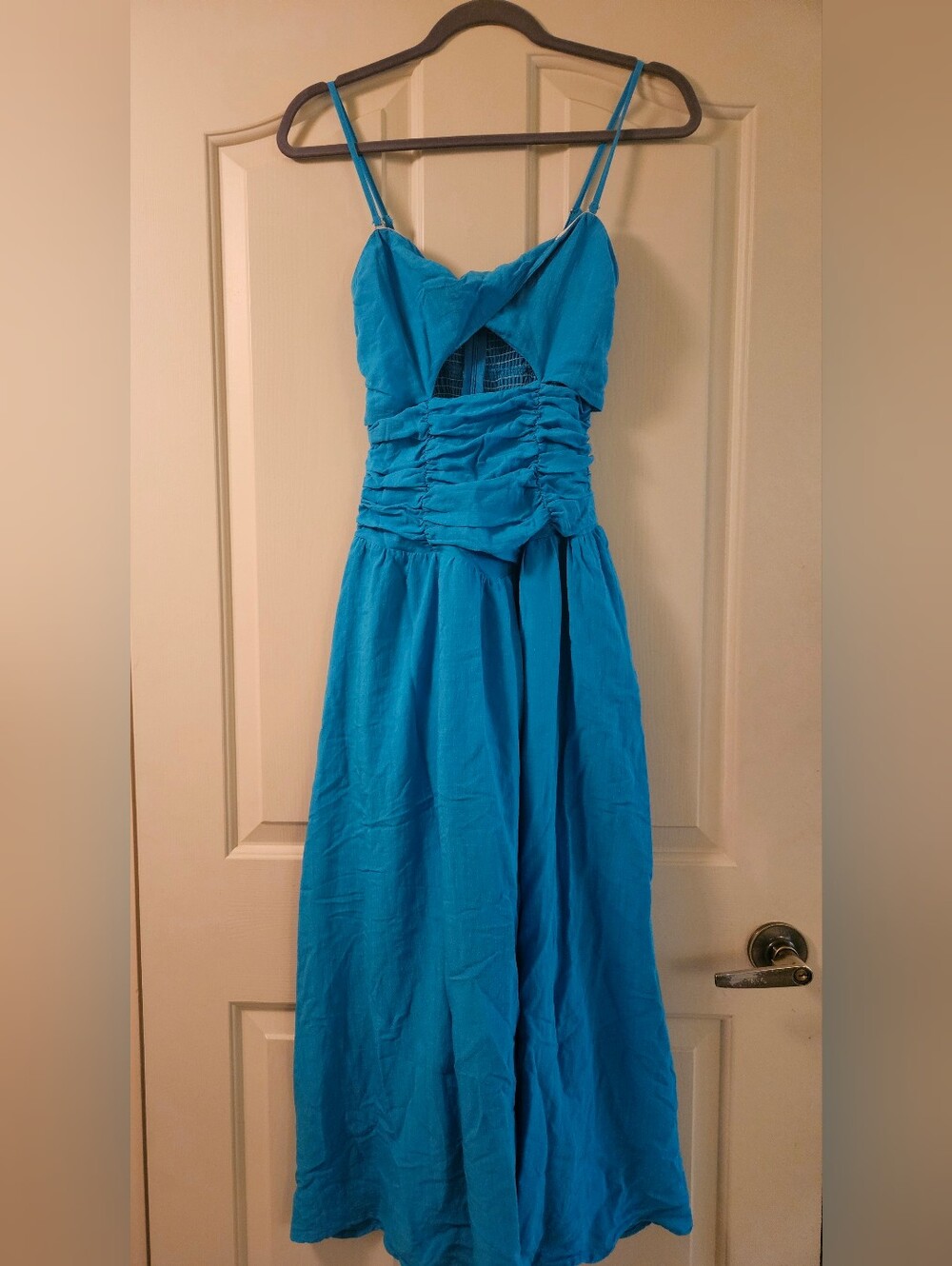 Turquoise Strapless Maxi Dress with Ruched Bodice